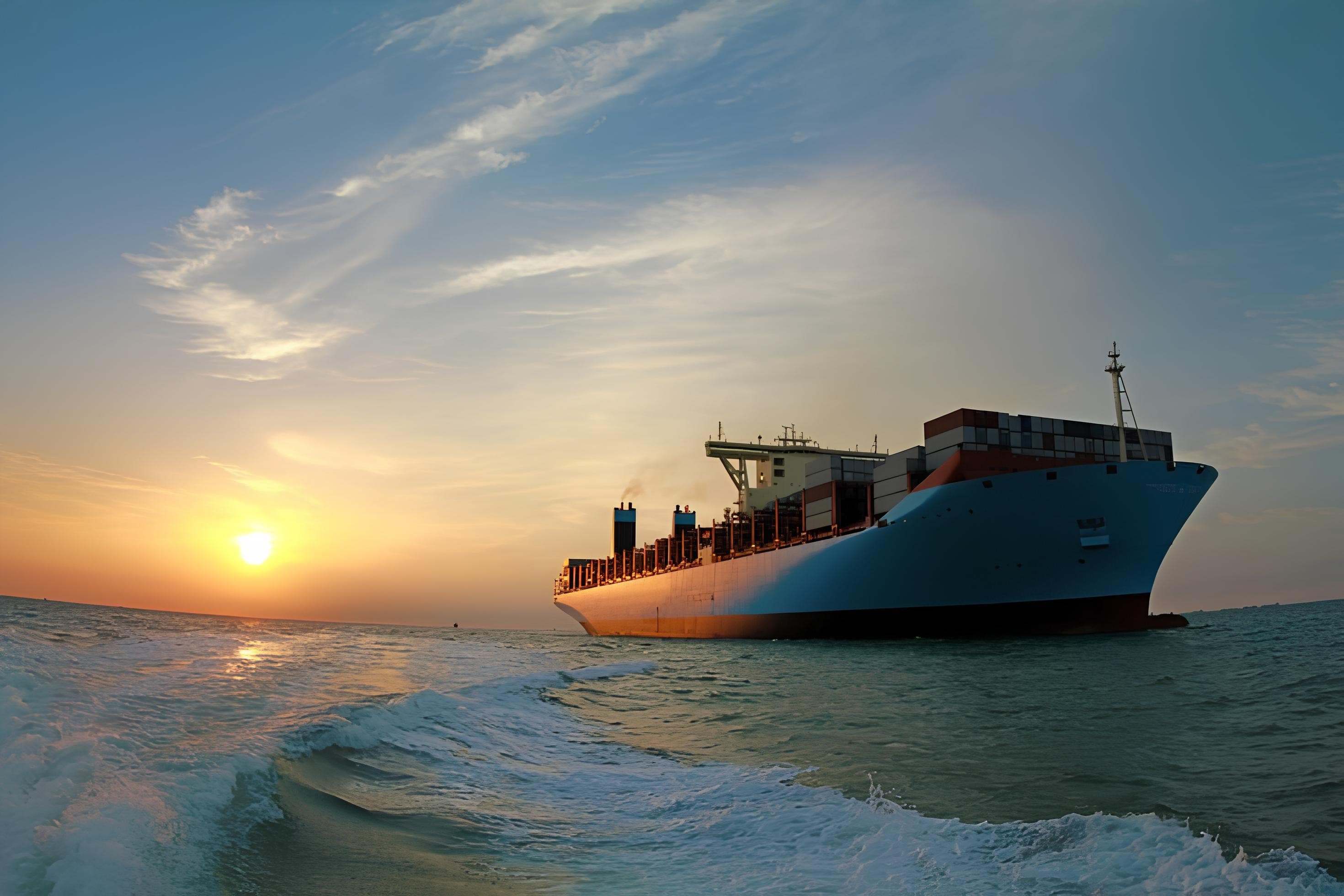 Container ship at sunset on the ocean